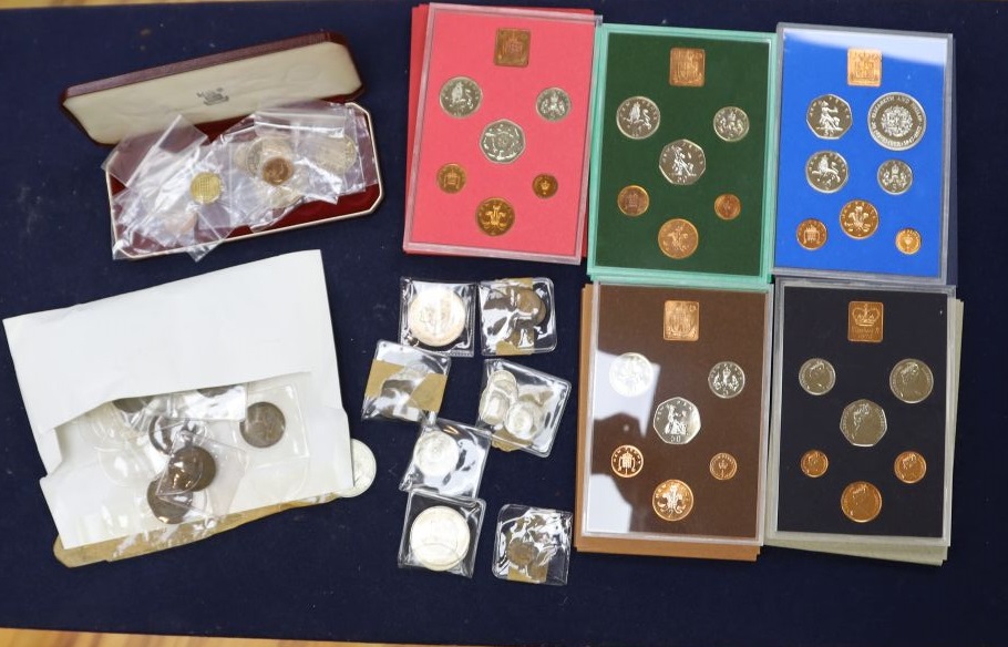 A 1950 Royal Mint specimen coin set, various other base metal sets, coins, commemorative issues and bonds dated 1913